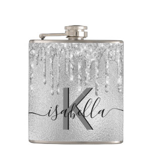 Monogramm-Skript für Silver Glitzer Flachmann