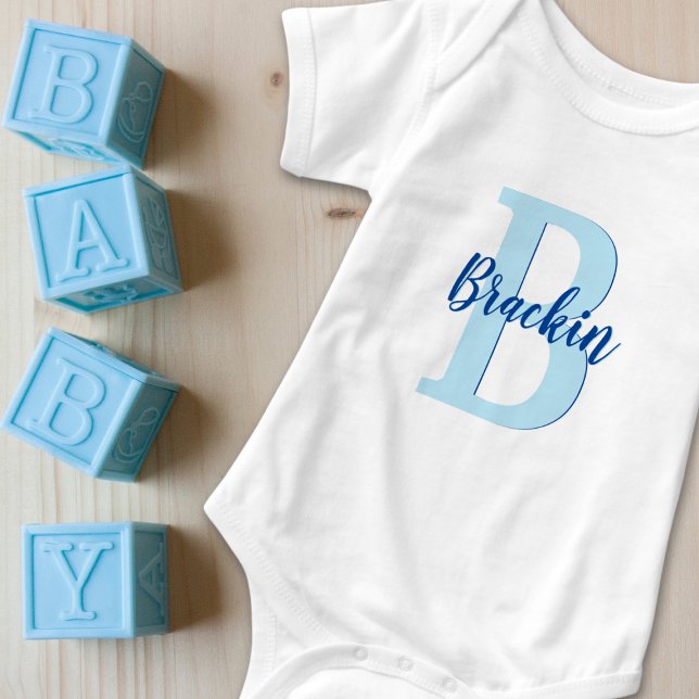 Monogramm-Skriptname Blue Custom Text Unisex Baby Strampler (Von Creator hochgeladen)