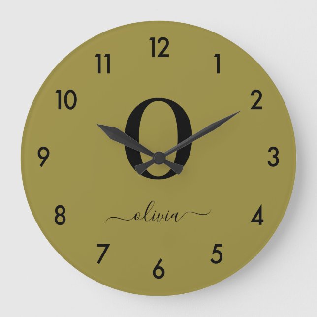 Monogramm Skriptname Personalisiert Gold und Schwa Große Wanduhr (Vorderseite)