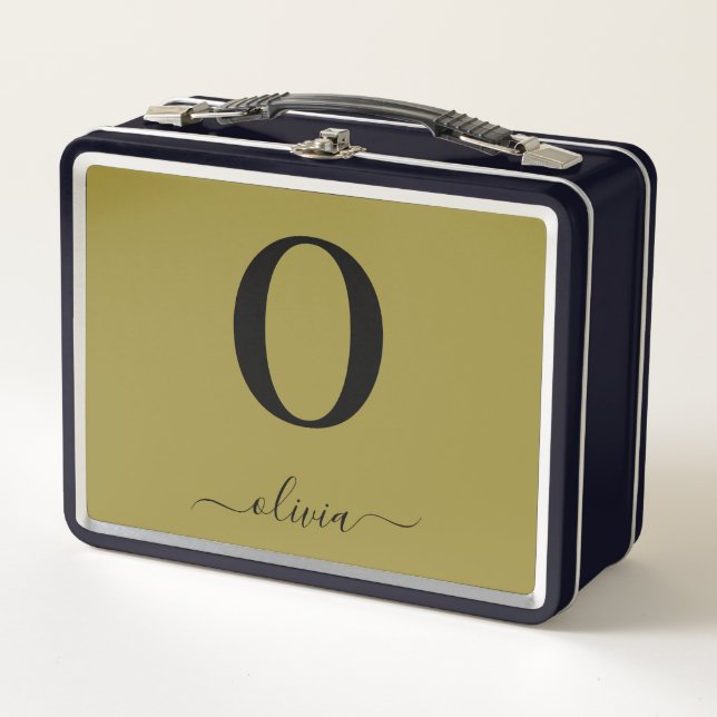 Monogramm Skriptname Personalisiert Gold und Schwa Metall Brotdose (Vorderseite)