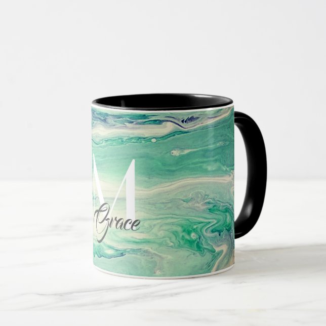 Monogramm Smaragdgrün und weiß Tasse (VorderseiteRechts)