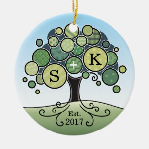 Monogramm-Sommer-Hochzeits-Patchwork-Muster-Baum Keramikornament