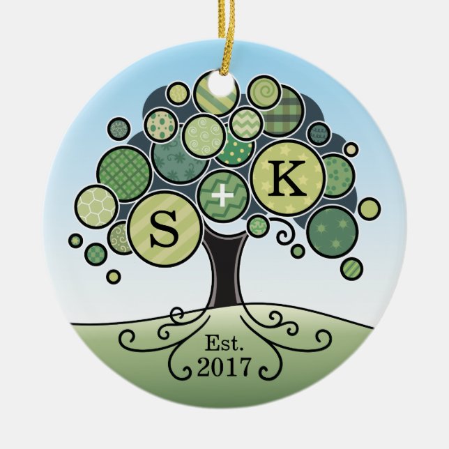 Monogramm-Sommer-Hochzeits-Patchwork-Muster-Baum Keramikornament (Vorne)