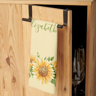 Monogramm Sonnenblumen Gelb Grün Floral Blumen  Geschirrtuch