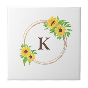 Monogramm-Sonnenblumen Goldrahmen Grüne Blätter Ru Fliese