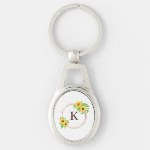 Monogramm-Sonnenblumen Goldrahmen Grüne Blätter Ru Schlüsselanhänger
