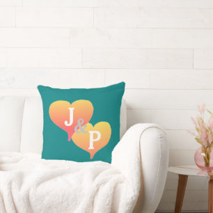 Monogramm-Sonnenuntergang-Herz Türkisgrün Reversib Kissen