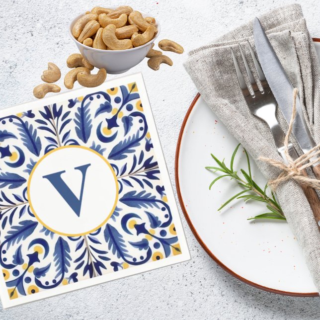 Monogramm Spanisch Blaue Blume Gelbe Zitronen Serviette (Von Creator hochgeladen)