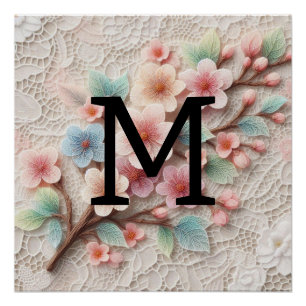 Monogramm Spitze Blütenpinke Pastellblüte Poster