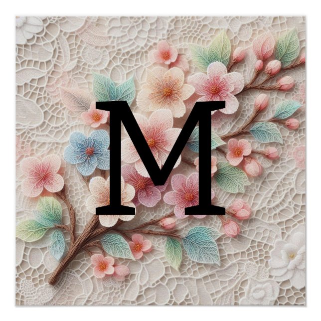 Monogramm Spitze Blütenpinke Pastellblüte Poster (Vorderseite)