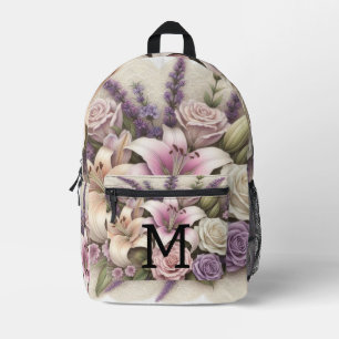 Monogramm-Spitze floral lila Rosen Lavendel Lilien Bedruckter Rucksack