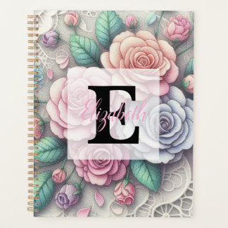 Monogramm-Spitze floral rosa lila blaue Rosen Planer