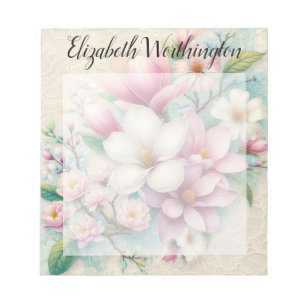 Monogramm-Spitze floral rosa lila Magnolienblüte Notizblock