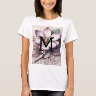 Monogramm-Spitze floral rosa lila Magnolienblüte T-Shirt
