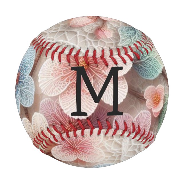Monogramm-Spitze floral rosa pastell Kirschblüte  Baseball (Vorderseite)