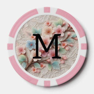 Monogramm-Spitze floral rosa pastell Kirschblüte Pokerchips