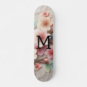 Monogramm-Spitze floral rosa pastell Kirschblüte Skateboard