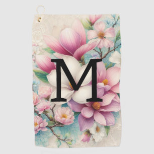 Monogramm-Spitze rosa lila Magnolienblüten  Golfhandtuch