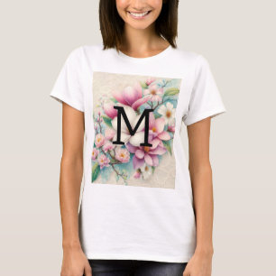 Monogramm-Spitze rosa violette Magnolienblüten T-Shirt