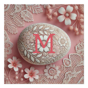Monogramm-Spitze rosa weiße florale Ostereier Poster