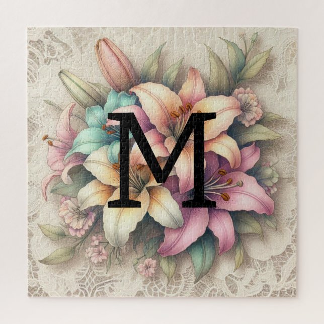 Monogramm Spitzen blorrosa aquamarine Lilien (Vertikal)