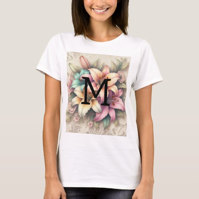 Monogramm Spitzen blorrosa aquamarine Lilien T-Shirt (Vorderseite)