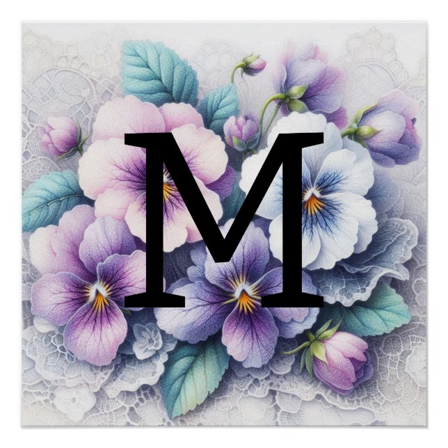 Monogramm Spitzen Blumenrosa lila Stiefmütterchen  Poster (Vorderseite)