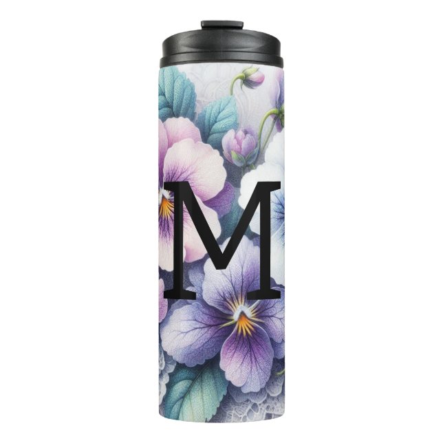 Monogramm Spitzen Blumenrosa lila Stiefmütterchen  Thermosbecher (Vorderseite)