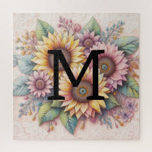 Monogramm Spitzen Floralrosa Gelb-Orangenblüten