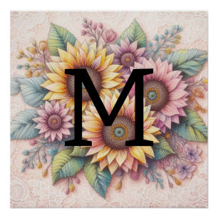 Monogramm Spitzen Floralrosa Gelb-Orangenblüten Poster