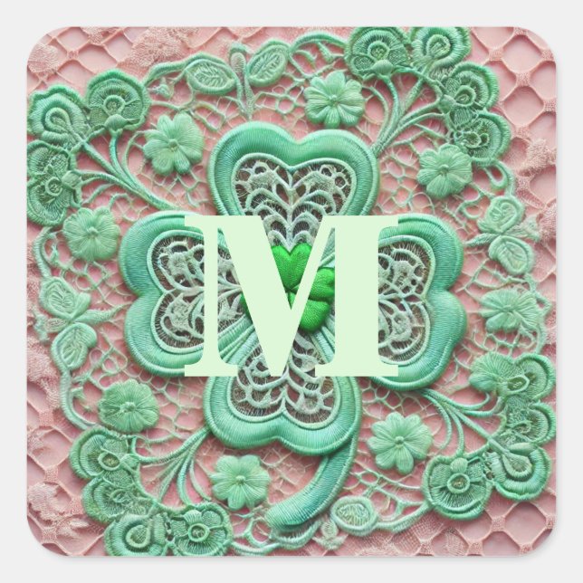 Monogramm Spitzen-grünes Kleeblatt St Patrick's Da Quadratischer Aufkleber (Vorderseite)