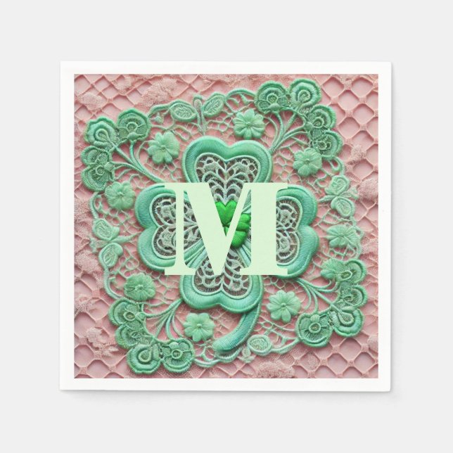 Monogramm Spitzen-grünes Kleeblatt St Patrick's Da Serviette (Vorderseite)