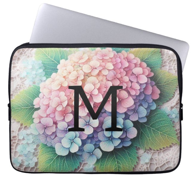 Monogramm Spitzen-Pink-Purpur Hydrangea-Blume Laptopschutzhülle (Vorderseite)