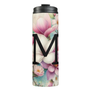 Monogramm Spitzen rosa lila Magnolien Blume Thermosbecher