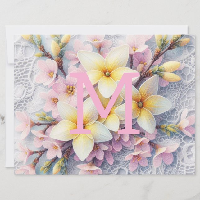 Monogramm Spitzen rosa und gelbe Frühlingsblumen (Vorderseite)