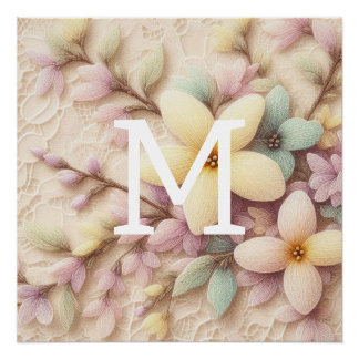 Monogramm Spitzen rosa und gelbe Frühlingsblumen Poster