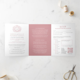 Monogramm staubige Rose Blätter Hochzeit alles in  Dreifach Gefaltete Einladung