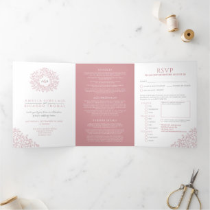 Monogramm staubige Rose Blätter Hochzeit alles in  Dreifach Gefaltete Einladung
