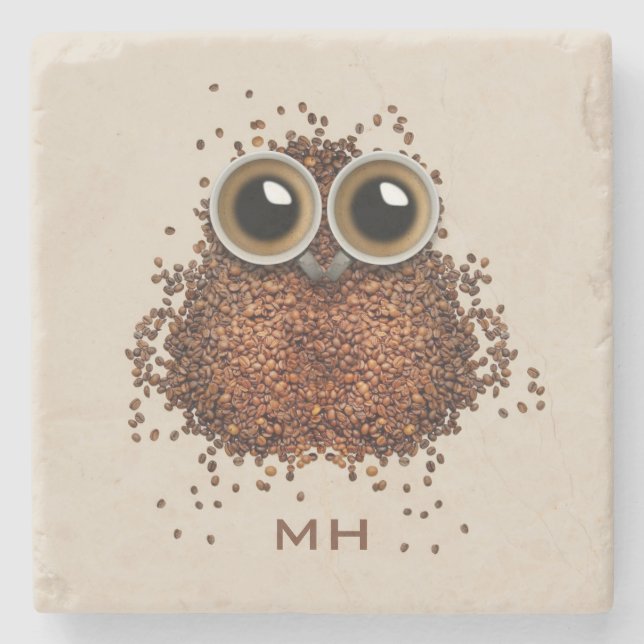 Monogramm-Stein-Untersetzer der Kaffee-Eule Steinuntersetzer (Vorderseite)