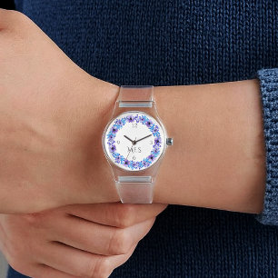Monogramm, Stiefmütterchen Lila und Blau Klar Sili Armbanduhr