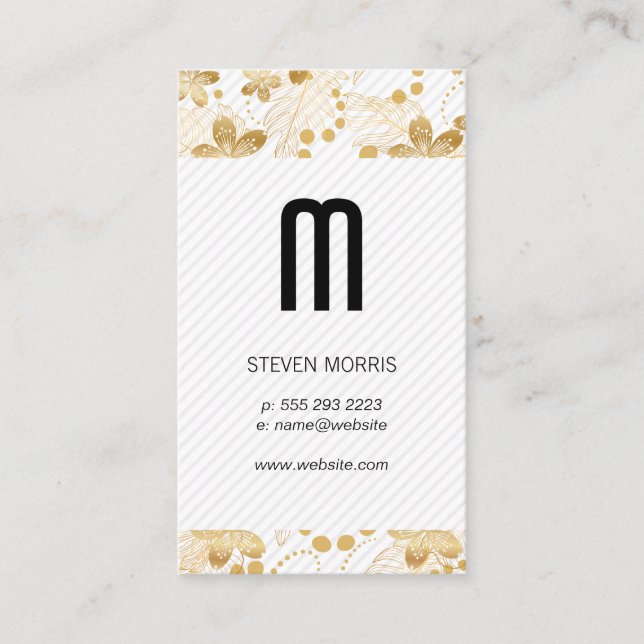 Monogramm | Streifen | Gold Floral Muster Visitenkarte (Vorderseite)