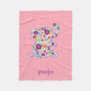 Monogramm Süße Retro-Blumen Cartoon-Stil-Elefant Fleecedecke