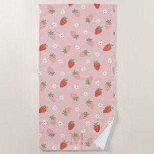 Monogramm süße Rosa und rote Erdbeeren Strandtuch