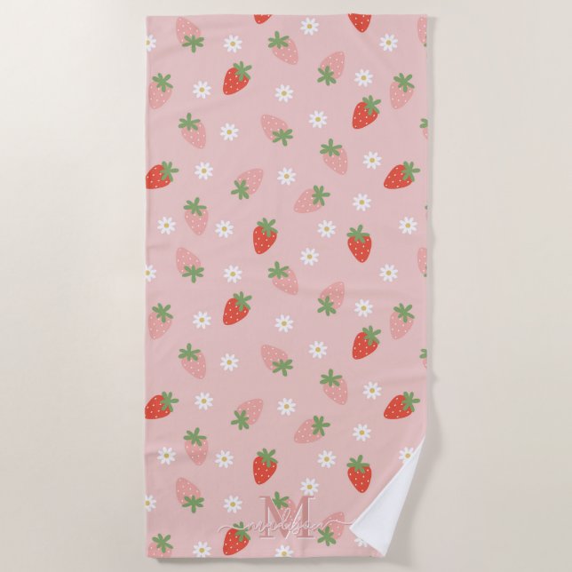 Monogramm süße Rosa und rote Erdbeeren Strandtuch (Vorderseite)
