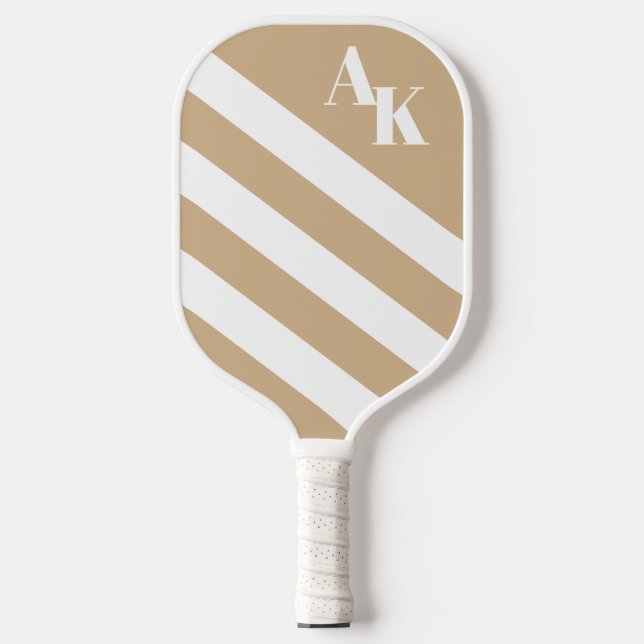 Monogramm Tan und Weißstreifen Pickleball Schläger (Vorderseite)