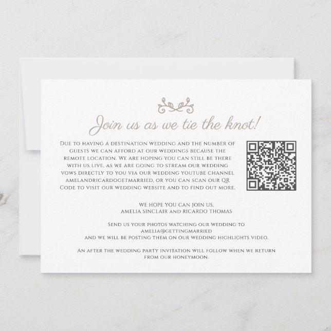 Monogramm tan weiß Hochzeitslivestream QR-Code Ankündigung (Rückseite)