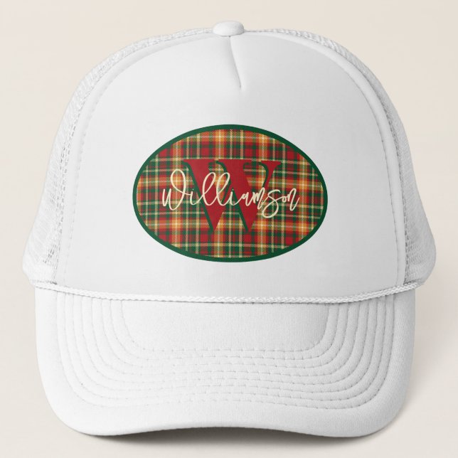 Monogramm Tartan Orange Green Kariertes Emblem Truckerkappe (Vorderseite)