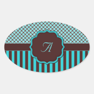 Monogramm Tartan Oval Aufkleber, lt aquamarin und Ovaler Aufkleber
