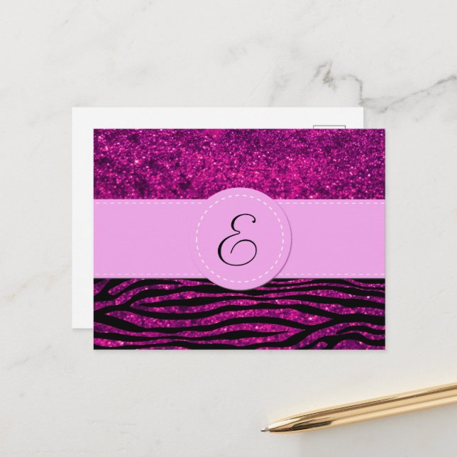 Monogramm - Tierdruck, Zebra, Glitzer - Rosa Postkarte (Vorderseite/Rückseite Beispiel)