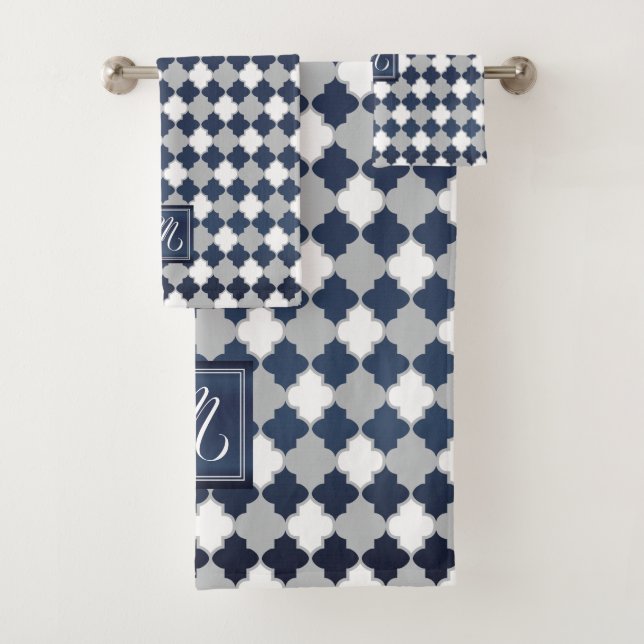 Monogramm Tonschiefer Blau, Grau und Weiß Quatrefo Badhandtuch Set (Insitu)